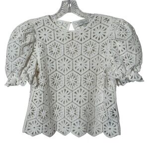 Ted Baker Cream Lace Puff Sleeve Top Scallop Hem Lined XS-S